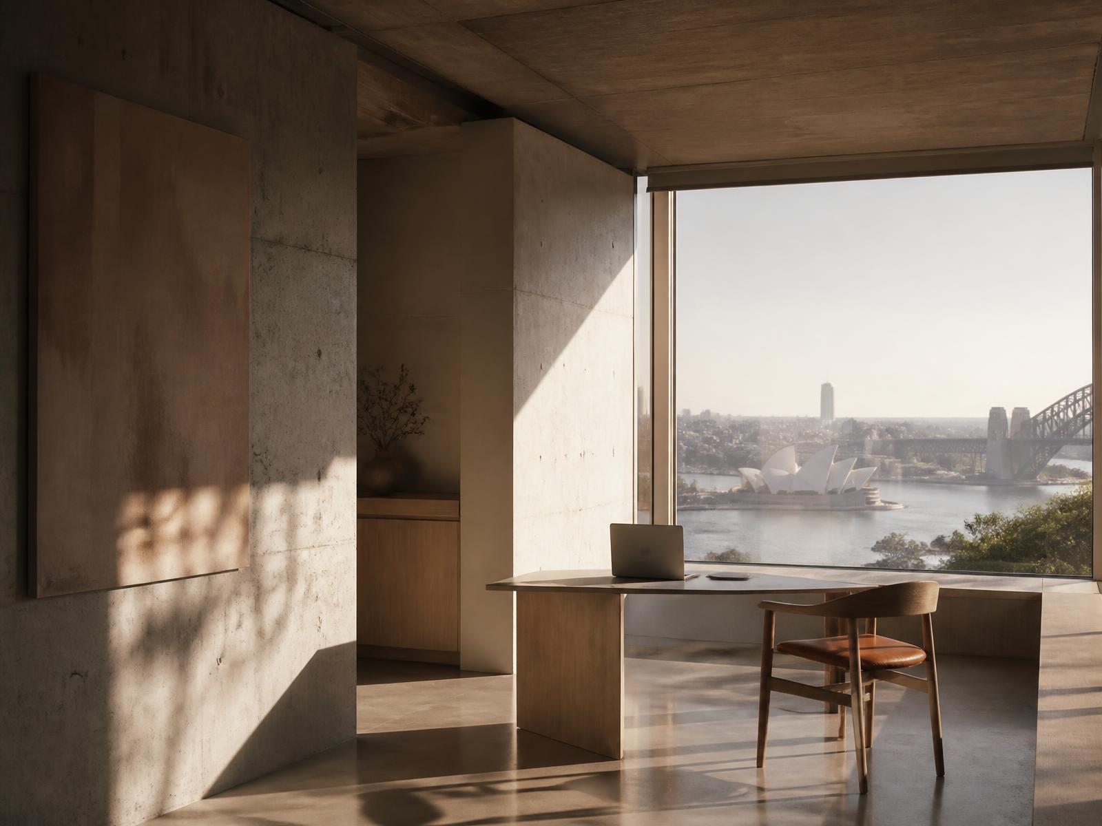 Sunlit minimal Sydney design studio overlooking the harbour
